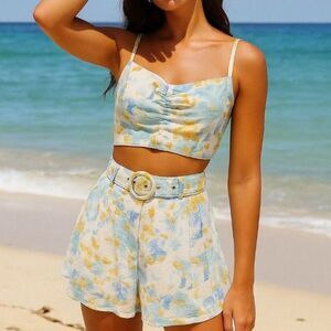 Christian Lacroix Linen Blend Short Set Womens M Floral Turquoise Belted Resort